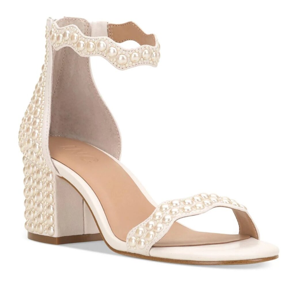INC Womens Size 10.5 Hadwin Scallop Pearl Embellished Heels Dress‎ Sandals Shoes